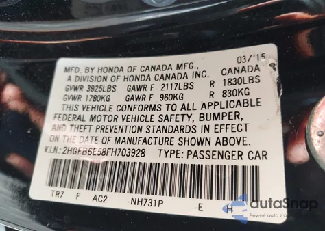 2015 Honda Civic Si from USA, damaged, VIN 2HGFB6E58FH703928